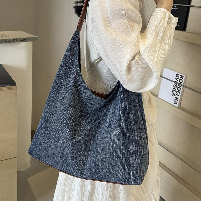 Ielgy Large-Capacity Bag Female 2024 New Style Commuter Canvas Denim Tote Bag College Student Class Bag Armpit Order S
