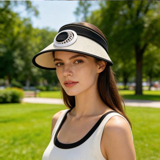 Sun Hat Empty Top Design Extended Brim Full Face Coverage Women Hat with Solar Powered Built-in Fan Adjustable Head Circumference Outdoor