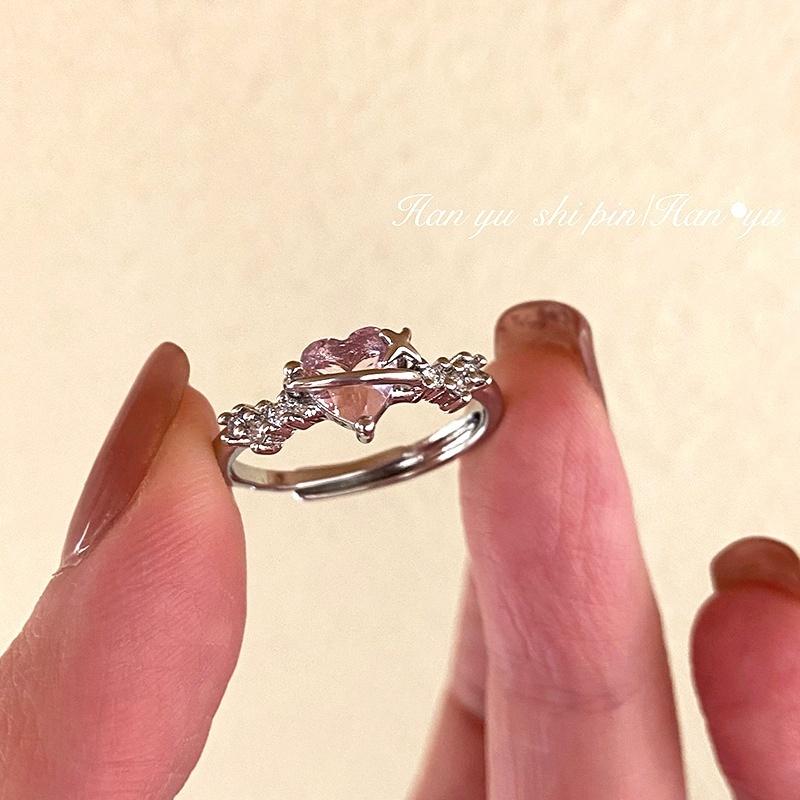 iF ME Zircon Silver Ring for Women Opening Sweet Pink Crystal Bow Heart Rings Accessories Jewelry