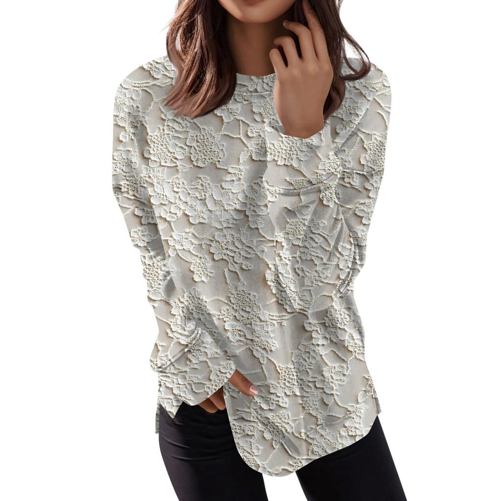 Women's Fashion Casual Long Sleeve Floral Textured Print Round Neck Top