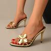 Fashion Fashion Metal Flower Decoration Narrow Band Slides Women Summer Pointed Toe Super High Heel Sandals Gold Party Dress Sandals