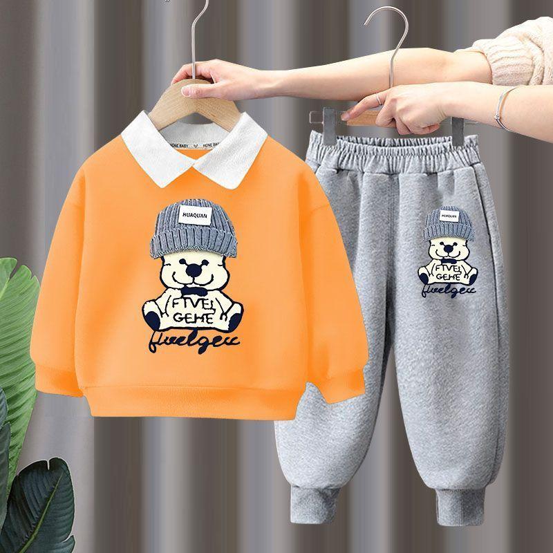 Детская одежда для мальчиков и девочек, осенний комплект из 2 предметов: свитер с длинным рукавом и брюки, спортивный костюм с отложным воротником, детский спортивный костюм с медведем