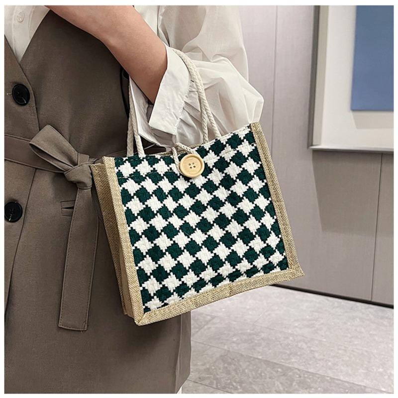 Клетчатая льняная холщовая сумка на одно плечо, сумка-тоут, классическая сумка для покупок, сумка-шоппинг в стиле ретро в стиле знаменитостей из Интернета, женская сумка в стиле ретро