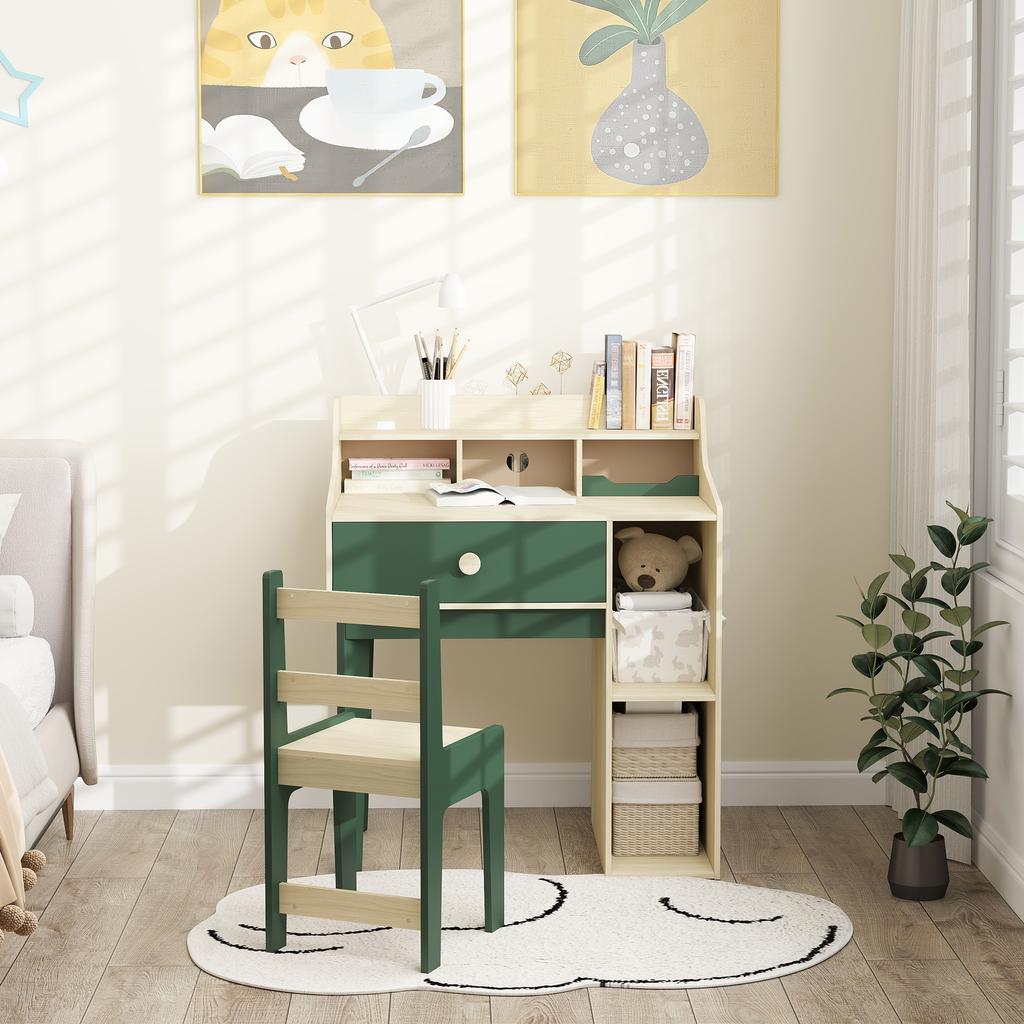 Kids Desk and Chair Set with Storage Shelves and Drawer, Green
