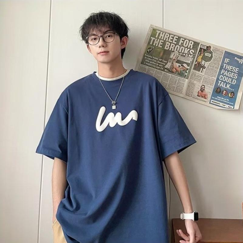 Plus Size M-8XL 2025 Men's Retro Korean Printed Short Sleeved Round Neck Loose Tee