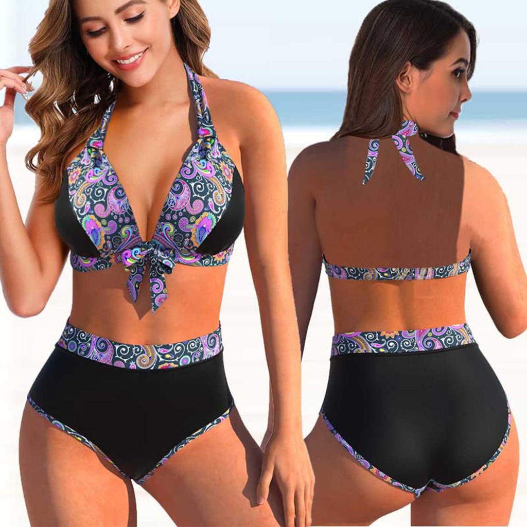 Women's Fashion Split High Waist Printed Bikini With Bra Pads And No Steel Bra Swimsuit
