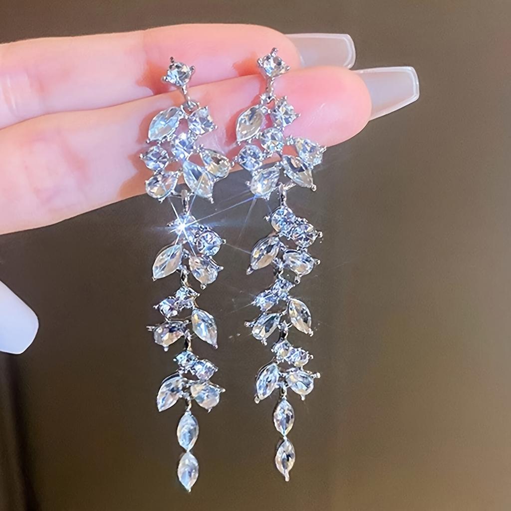 Colorful Shiny Rhinestone Inlaid Leaf Design Long Dangle Earrings Bohemian Elegant Style Delicate Female Earrings