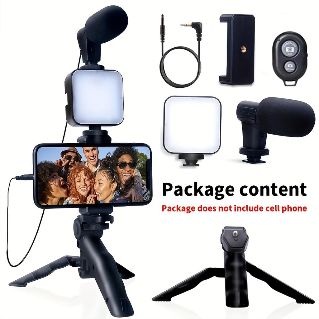 6-in-1 Vlog Phone Video Kit LED Light Microphone Tripod Handheld Gimbal Tripod for Phone Holder Stabilizer with LED Fill Light