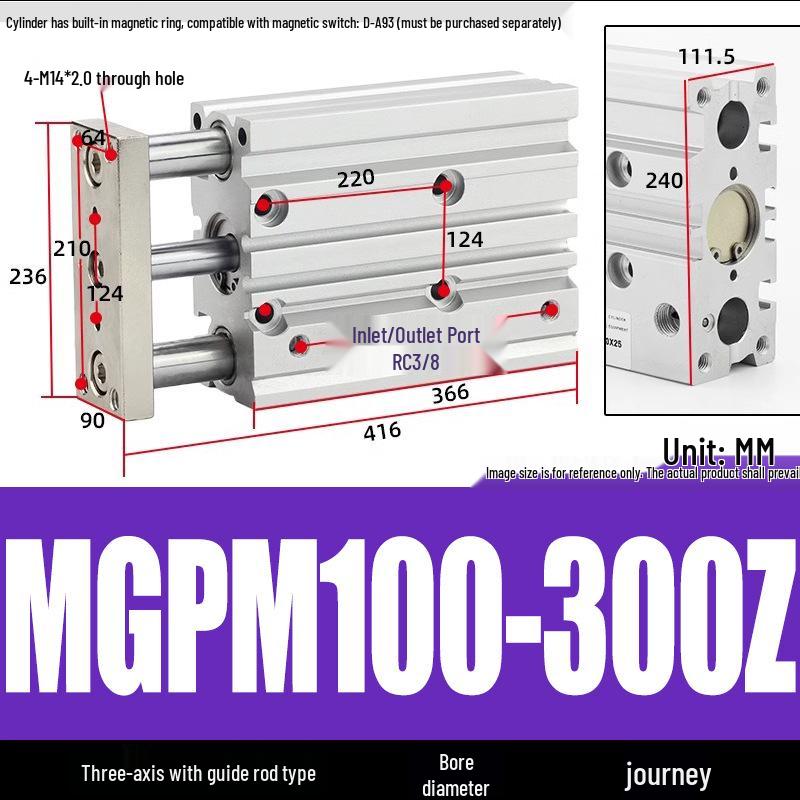 Compact Three-Axis Pneumatic Guided Rod Cylinder 12/16/20/25/32-10/20/40/50/75z