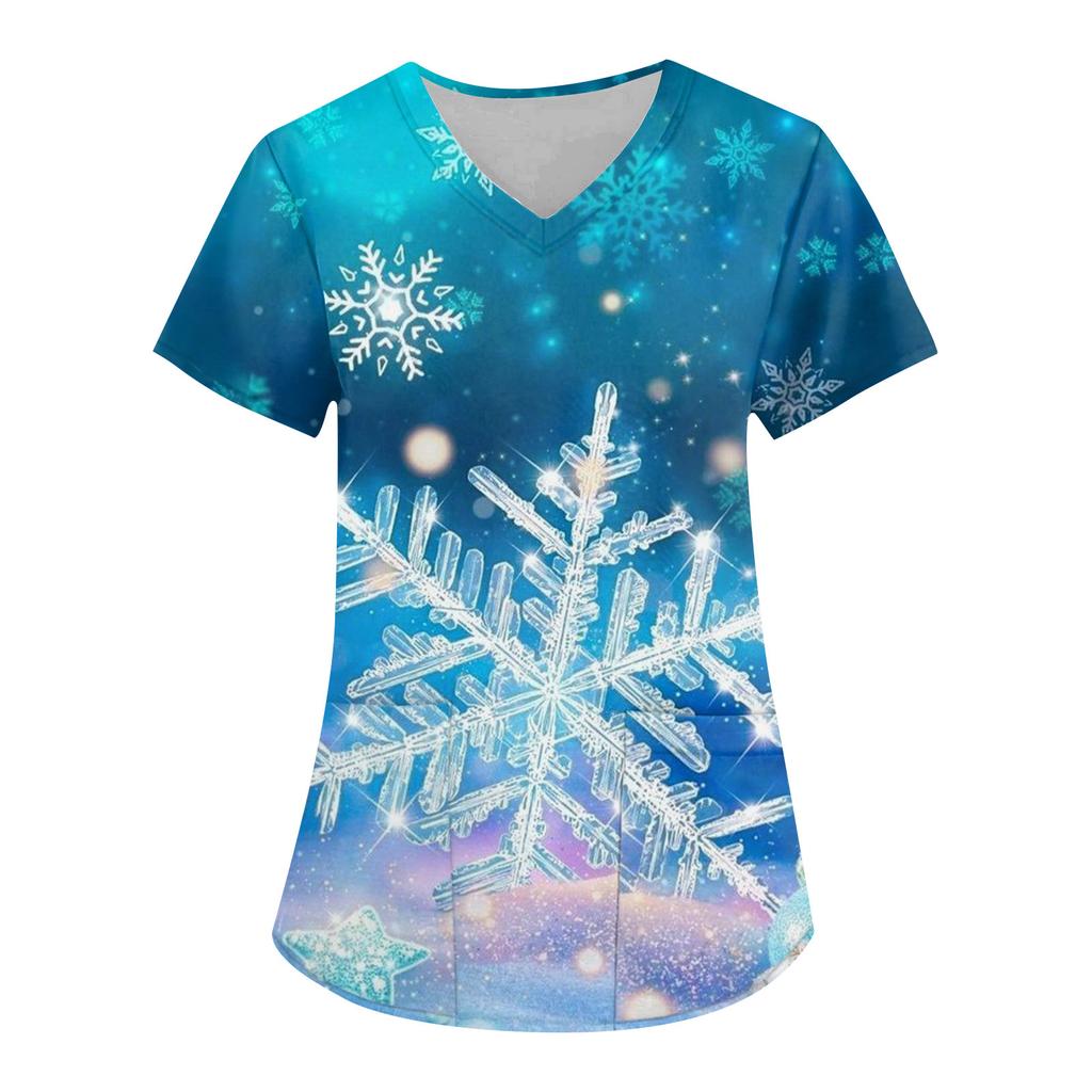 Women's Fashion V-neck Short Sleeve Workwear With Pockets Christmas Printed Tops