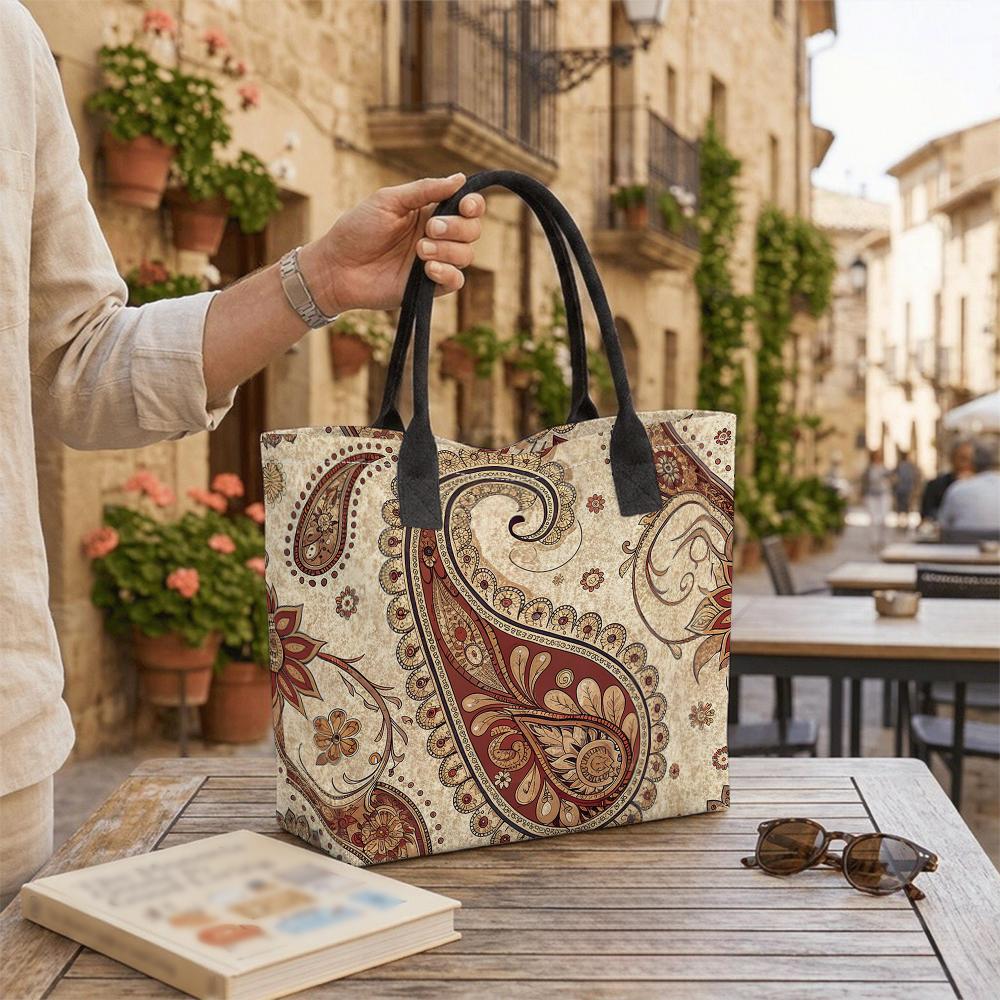Boho Paisley Print Tote Bag Large Capacity Casual Handbag for Daily Use