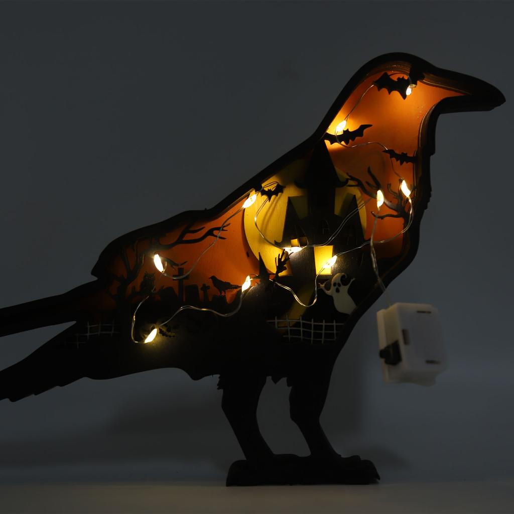 Wooden Carved Ornament with Light 3D Wood Carving Animal Crafts with Lights for Halloween Decoration