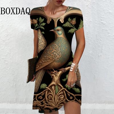Винтажное женское платье с принтом в виде птиц в 3D, летнее свободное мини-платье с коротким рукавом, повседневный пуловер, женская ретро-одежда, новый сарафан