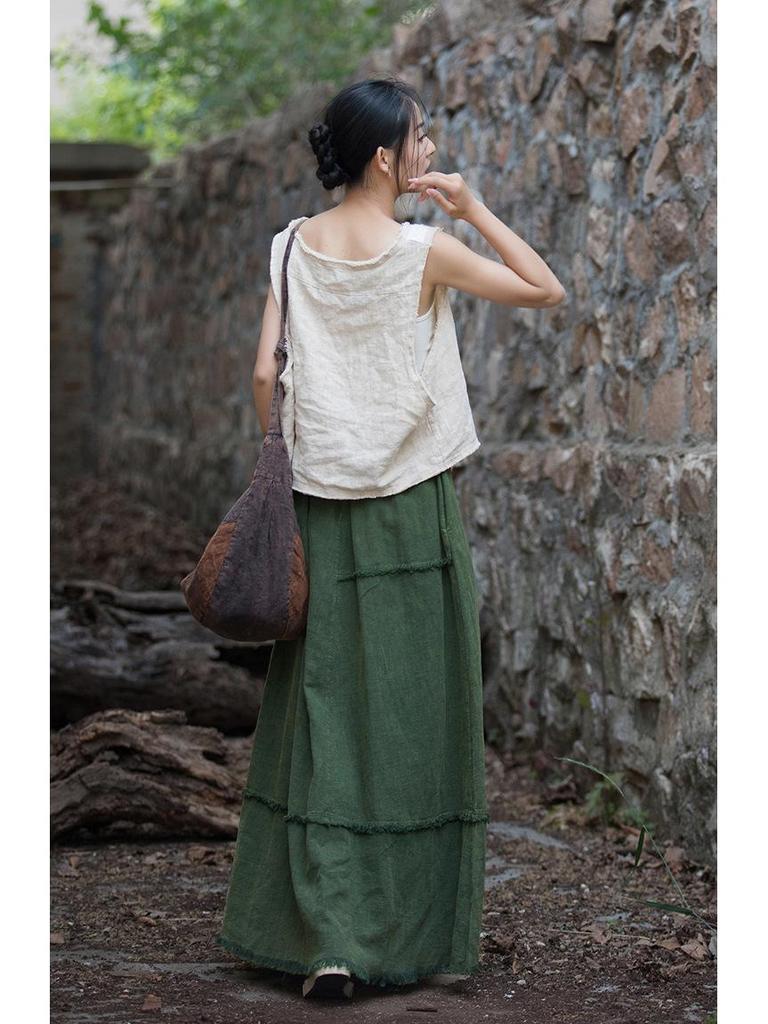 Женская повседневная юбка миди из рами, хлопка и льна: Выстиранный песком, Универсальный для дома или путешествий, Идеально подходит для весны и лета