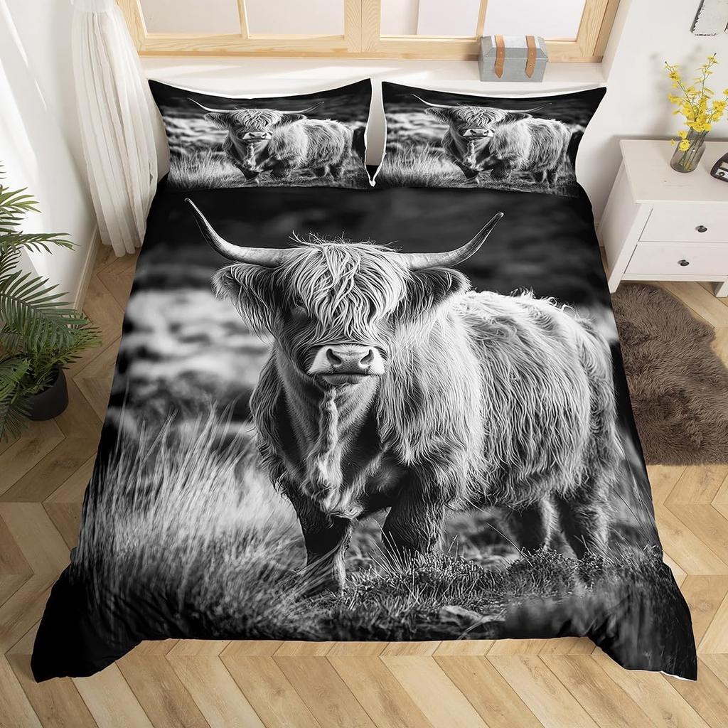 Kids Highland Cattle Flower Duvet Cover Set Farm Animal Bull Cow Comforter Cover Microfiber Western Cowboy Twin King Bedding Set