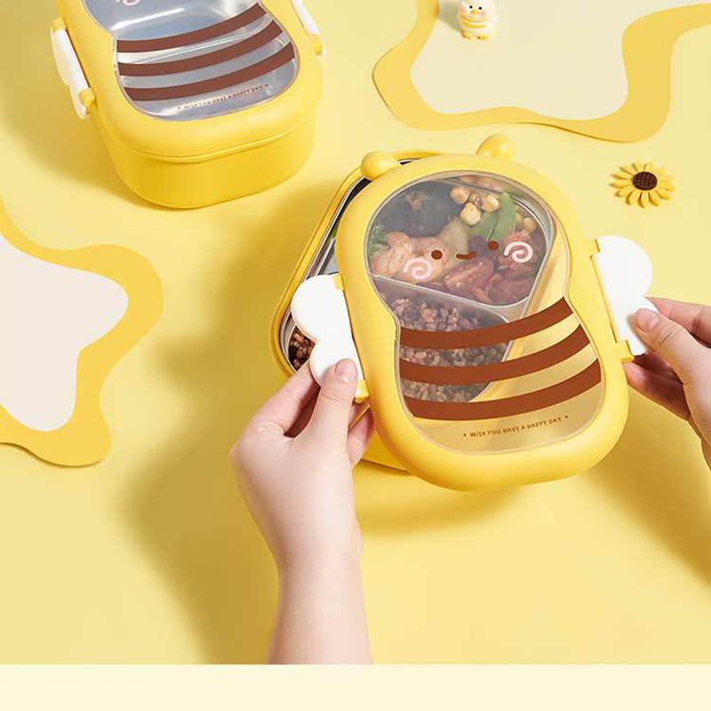 Lunch Box Cute Bee Shape Bento Box Leak-Proof Double Compartment Outdoor Camping Picnic Food