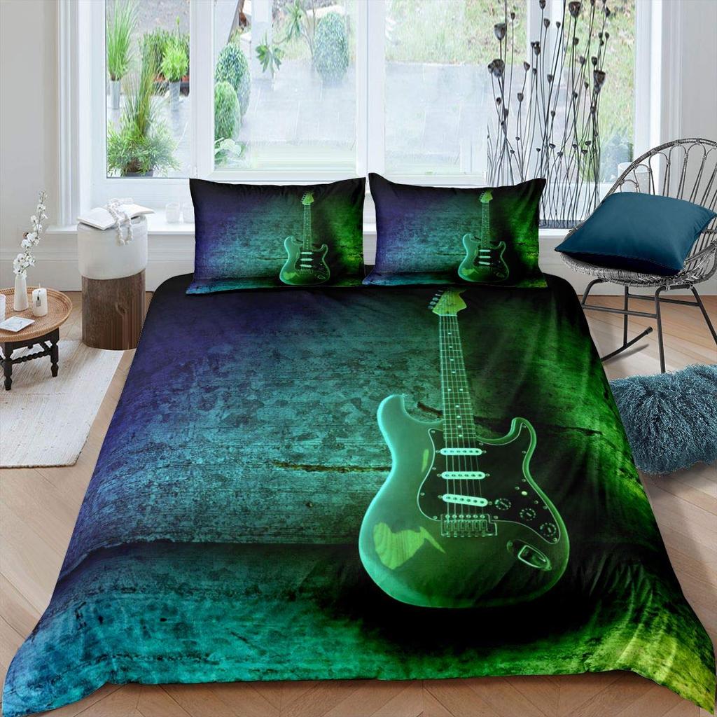 Guitar Duvet Cover Set Music Theme Bedding For Teens Microfiber Vintage Grey Guitar On Wooden Floor Quilt Cover Queen King Size