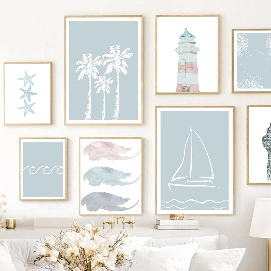 Парусная лодка Доска для серфинга Монстера Пальма Маяк Плакаты и принты Картина на холсте Настенные художественные картины Гостиная Домашний декор