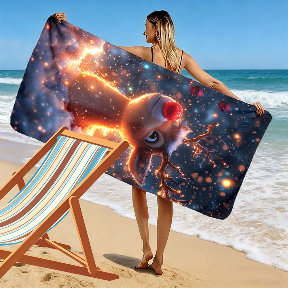 Glowing reindeer winter magic Print beach towel, quick drying, suitable for travel, outdoor sports, jogging, the beach and swimming, gift