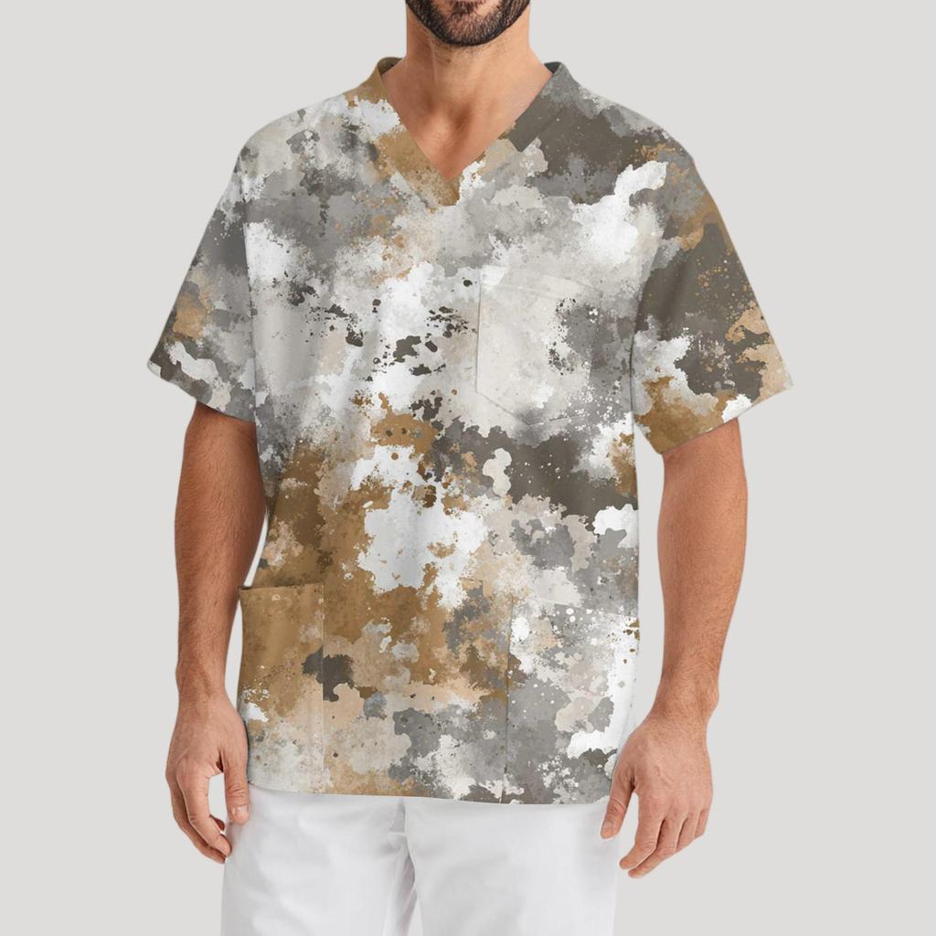 Мужская рабочая блузка с короткими рукавами и v-образным вырезом с принтом, топ с нагрудным карманом