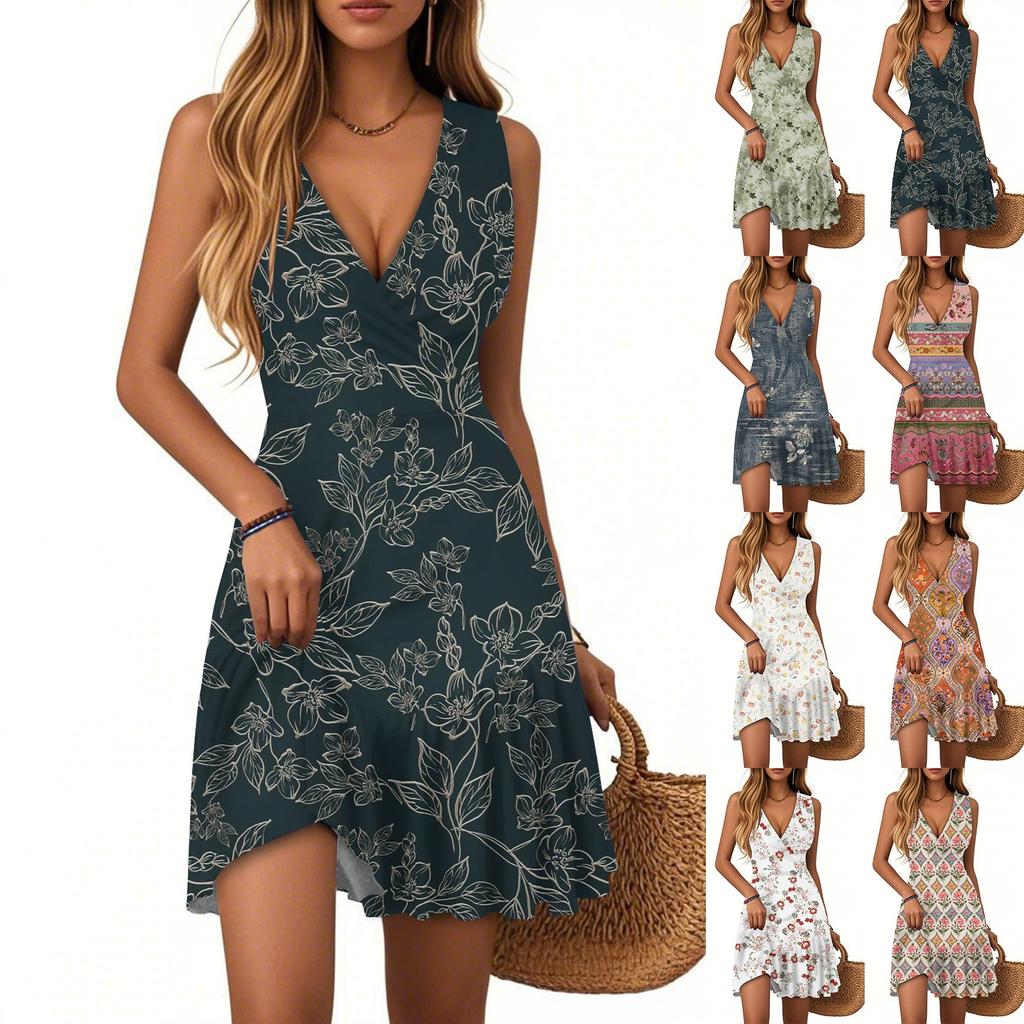 Women's Dress V-neck Sleeveless Casual Floral Print Hem Pleated Dress