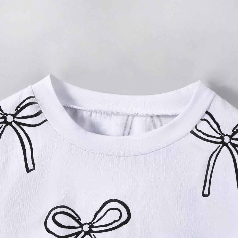 Футболка для девочек 2-7 лет, топы из хлопковой смеси, повседневные, с милым принтом банта, летние детские футболки с круглым вырезом и короткими рукавами