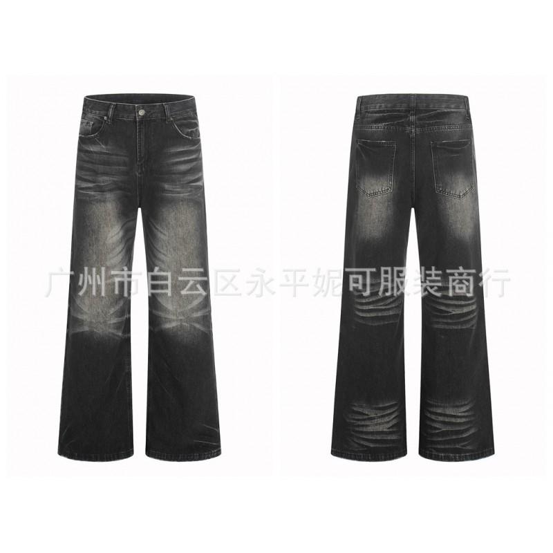 Mens Distressed Straight-Leg Flared Jeans With Whiskering Mid-Rise Cotton Denim Washed Vintage Streetwear Style