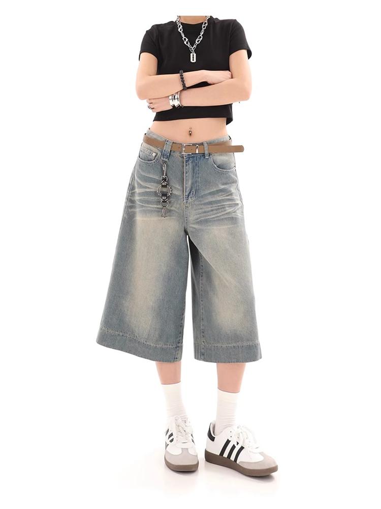 Джинсовые шорты с текстурой кошачьих усов в стиле ретро, женские винтажные широкие брюки в американском стиле, уличные летние женские свободные короткие джинсы с высокой талией в стиле ретро Y2k