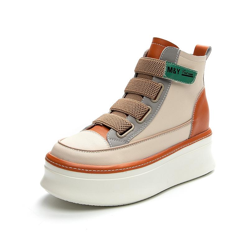 Fashion 8cm Cow Genuine Leather Platform Wedge Casual Sneakers Autumn Ankle Mid Calf Boots Ladies Booties Hook Women Fashion Shoes