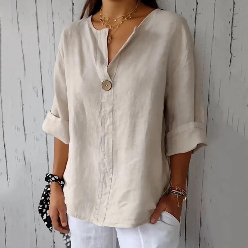 Новые летние топы, свободные повседневные рубашки с V-образным вырезом, женские хлопковые и льняные блузки с рукавом семь четвертей, женские элегантные узкие рубашки-пуловеры 26456