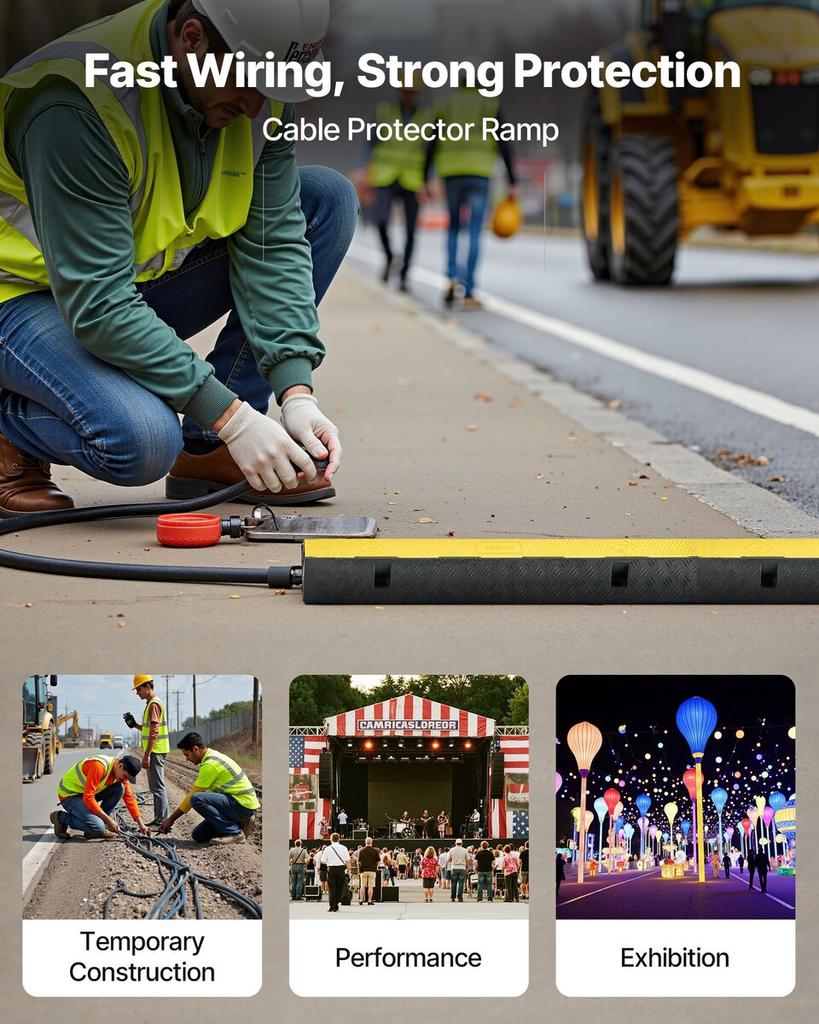 Cable Protector Ramp, 9,979 kg/axle Capacity, 1 Channel Heavy Duty Rubber Cord Hose Wire Cover, 70 x 50 mm Channel, Traffic Speed Bump with Flip-Open