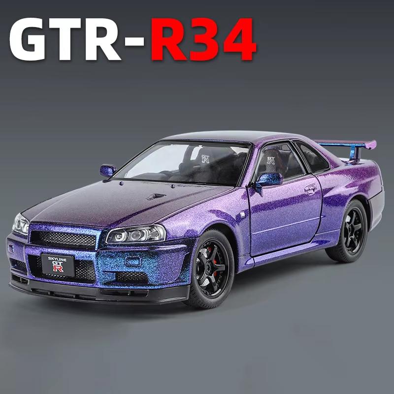 1:24 Полномасштабная модель автомобиля GTR R34 с четырьмя колесами, амортизирующим рулевым управлением, четырьмя дверями, литой под давлением, со звуком и светом, инерционная модель, игрушечный подарок для мальчика