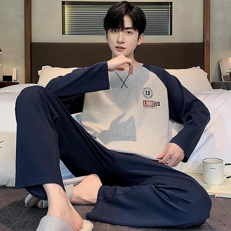 Полосатый хлопок Мужская ночная рубашка весна и осень O-образный вырез Домашняя одежда Длинный спальный топ брюки пижамы для мальчиков пижамы Hombre