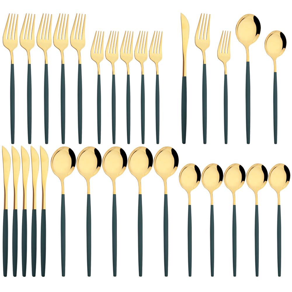 30Pcs Black Cutlery Set Mirror Dinnerware Knife Dessert Fork Spoons Flatware Western Stainless Steel Silverware Party Kitchen Tableware Set