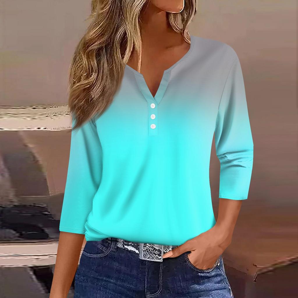 Жен. Футболка Футболка С принтом Пуговицы Рукав 3/4 Повседневные Выходные Мода Классический Классический V-образный вырез Обычный Верх