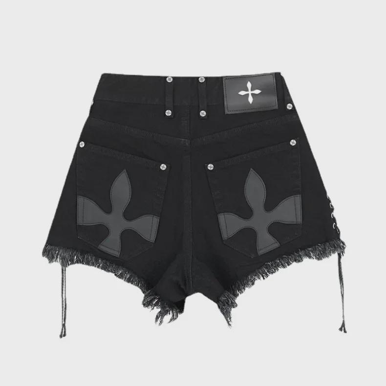 Женские темные джинсовые шорты с цветочным принтом: Необработанный дизайн креста, размер плюс, модная летняя одежда