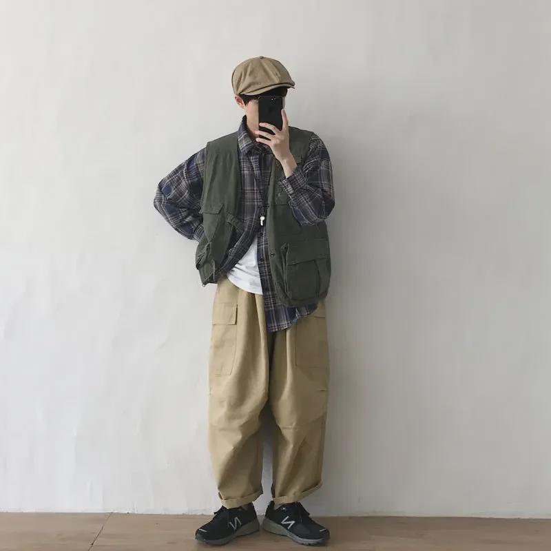 Жилет унисекс в японском ретро-стиле для спецодежды - осенняя тонкая, свободная, функциональная куртка с множеством карманов