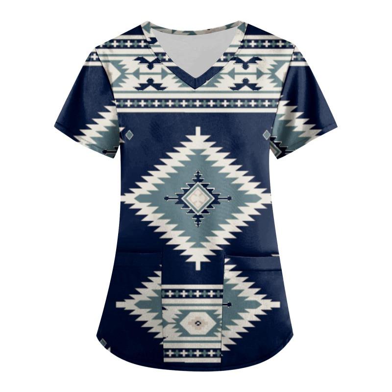 Summer Women's Retro Printed Loose Casual V-neck Short Sleeved Pocket Top T-Shirts Women’s