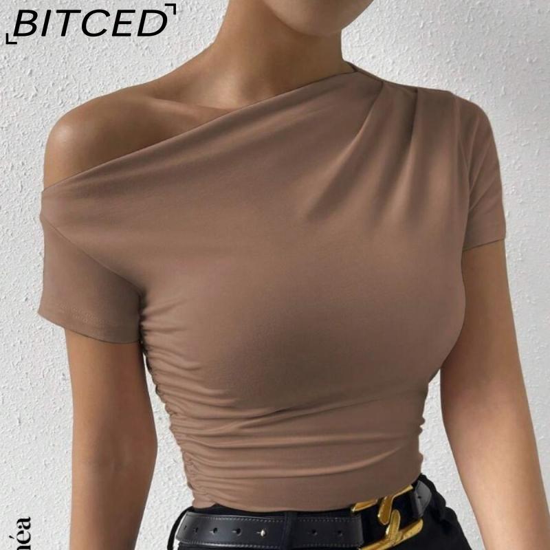 BITCED Женская приталенная футболка с коротким рукавом, плиссировкой и асимметричным подолом, весна/лето