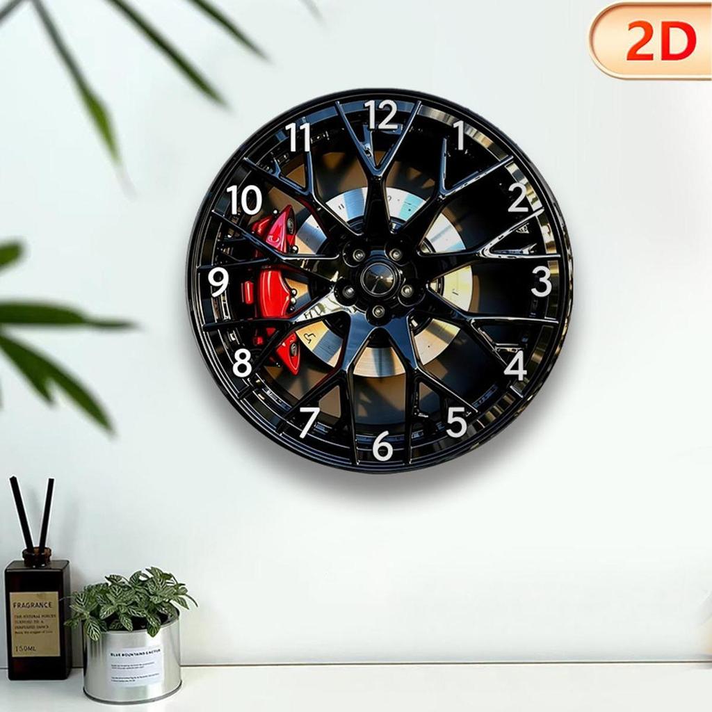 2D Car Wheel Hub Wall Clock Acrylic Ornament Tire Hanging for Farmhouse