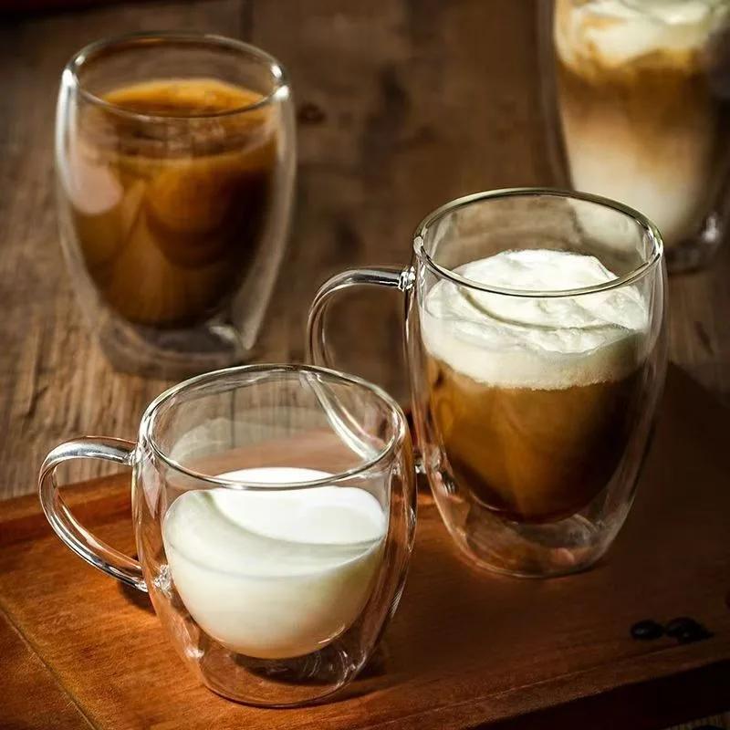 150/250/350ml Heat Resistant Glass Cups Double Wall Glass Coffee Cup with Handle Breakfast Milk Water Cup Clear Juice Beer Cups