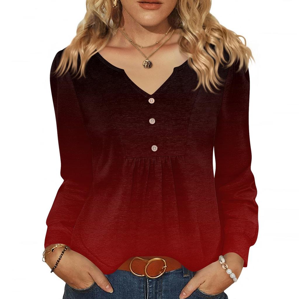 Женская модная повседневная блузка с V-образным вырезом на пуговицах, с длинным рукавом, пуловер, футболка, топ