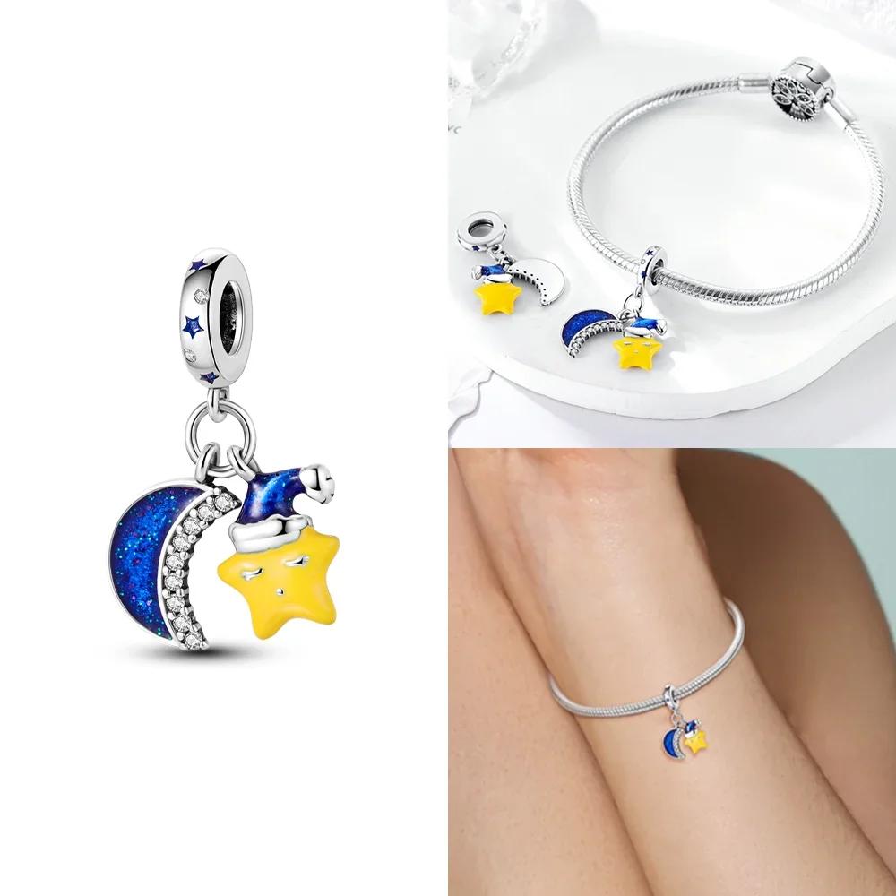 Authentic copper Charm Moon Yellow Stars Blue Zircon Feathers Bead Charms Compatible With Bracelets Women Diy Accessory Valentines Fine Gift