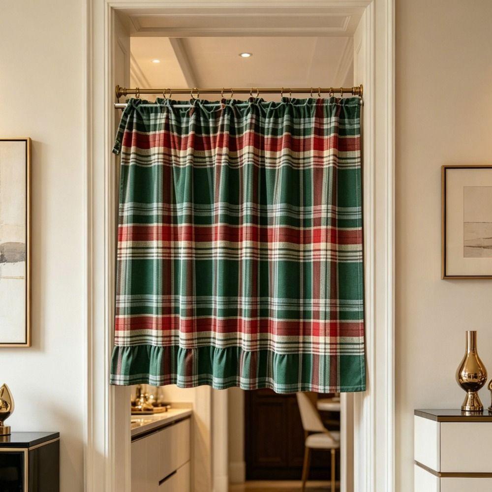 Ruffled Edge Farmhouse Plaid Kitchen Oven Skirt Cotton Privacy Partition Curtain Porch