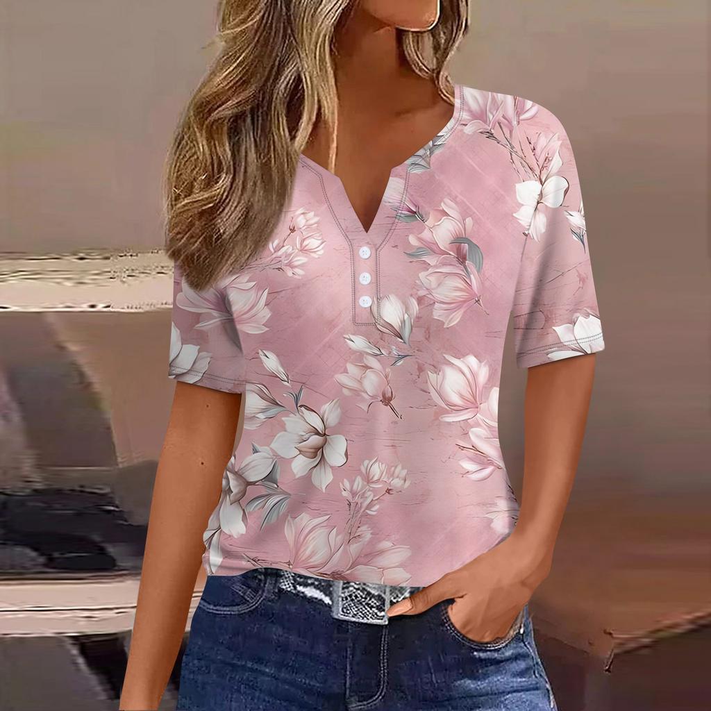 Женская повседневная футболка с коротким рукавом, цветочным принтом и V-образным вырезом, декоративными пуговицами