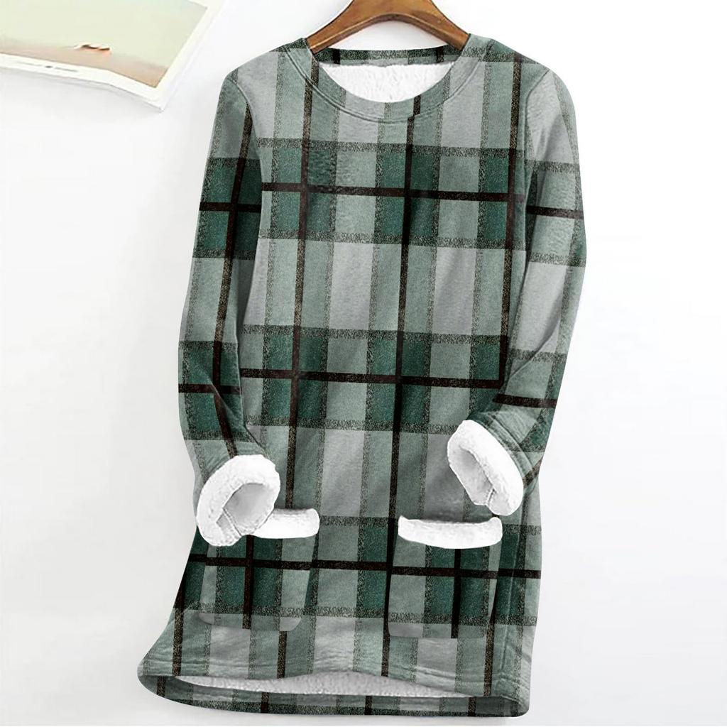 Women's Fashion Plaid Print Round Neck Long Sleeve Plush Winter Warm Pullover Top