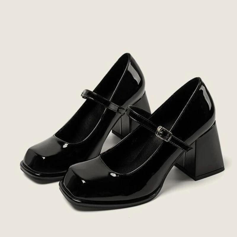 Женская обувь 2024 года, модные женские туфли-лодочки с пряжкой, осенние туфли Мэри Джейн с квадратным носком, однотонные туфли на плоской подошве, туфли на блочном каблуке, Zapatos Mujer