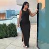 Летнее женское платье без рукавов с разделенным подолом, однотонное, с круглым вырезом, эластичное, с высокой талией