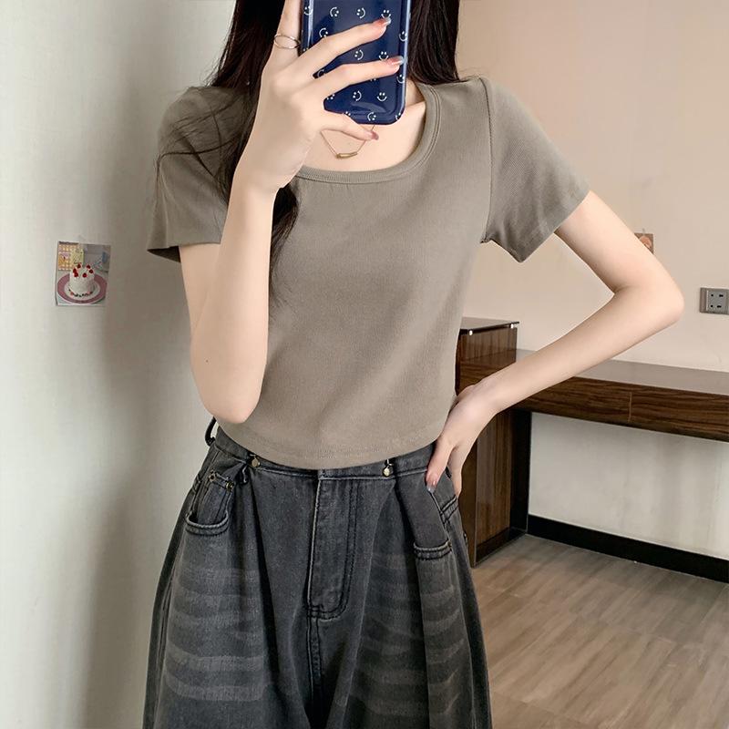 Футболка с короткими рукавами для женщин, подшитый воротник, летний подол, изогнутый дизайн, короткий топ в стиле Hot Girl Petite