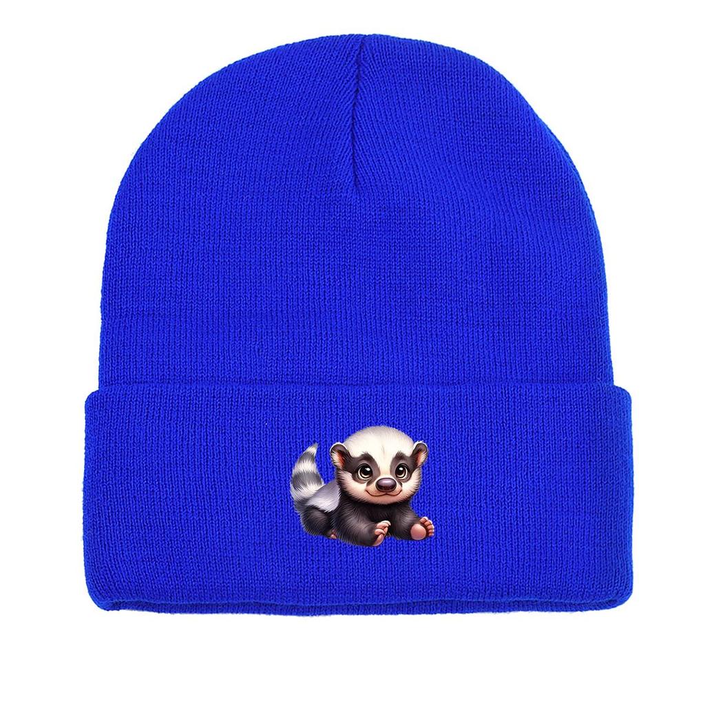 White Head Badger Print Knitted Cap Beanie, Animal Skull Cap Cuff Fit Stylish Bobble Hat Knit Hat Beanie